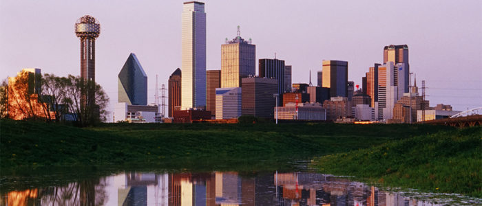 Dallas Skyline Reflected in Pond at Dusk